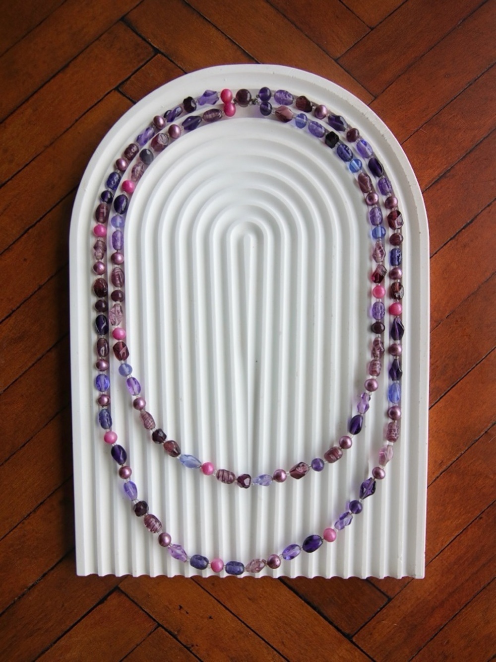 Vtg Mid Century Japanese Long Double Strand Purple Mixed Glass Bead Necklace GUC
